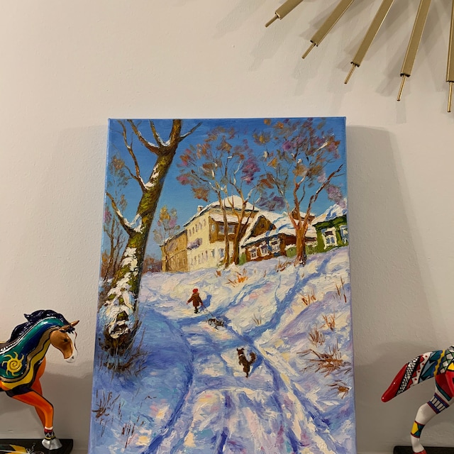 子供たちと冬の風景 オリジナル油絵 ロシアの風景 冬の印象派の風景 雪