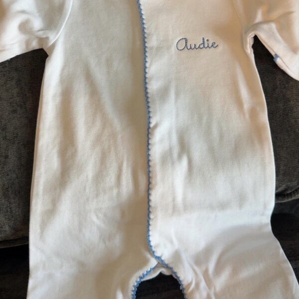 Classic White Footie with Blue Crochet Trim