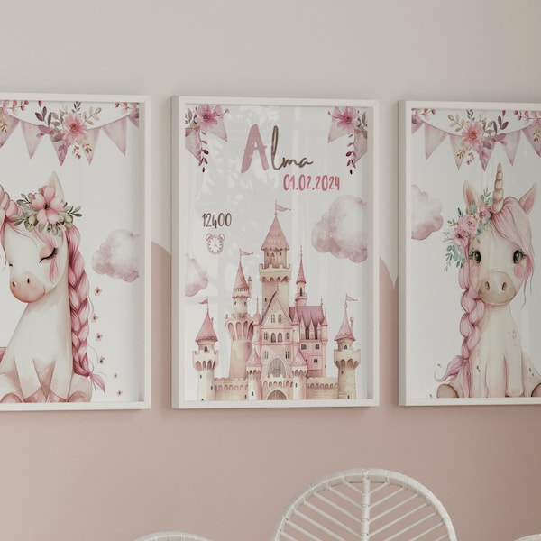Pink Unicorn Clipart Set: Watercolor Rainbow Unicorns, Castle (PNG ...