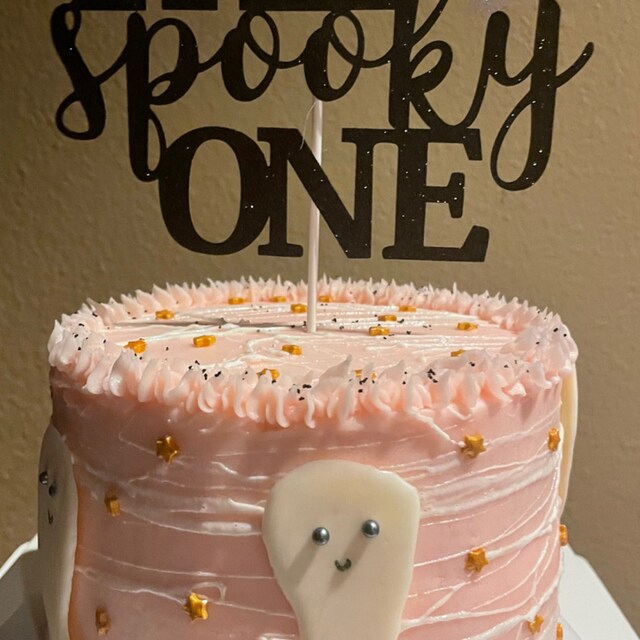 Spooky One Ghost Cake Topper - Halloween 1st Birthday Girl Decor, Black Glitter