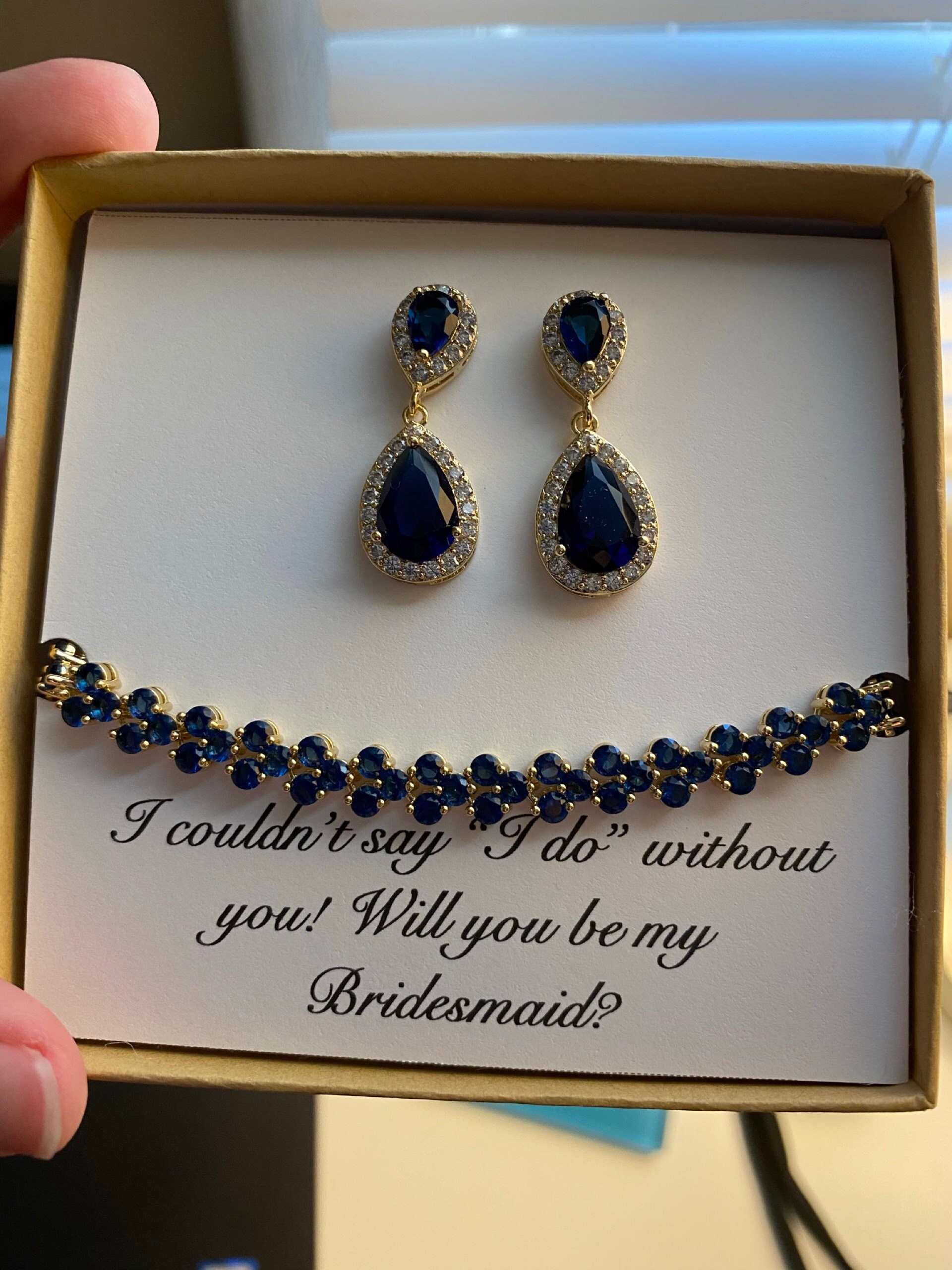 Bridal party bracelet earrings set Navy tear drop cubic zirconia earrings, Blue bridesmaid gift set, Navy blue earrings XY1