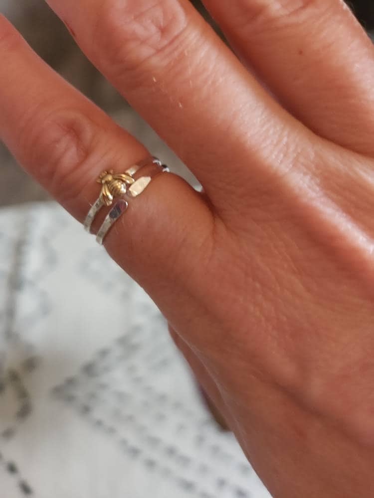 Simple tiny sterling silver bee ring, silver and gold brass stacking ring, hammered band ring, gift for women