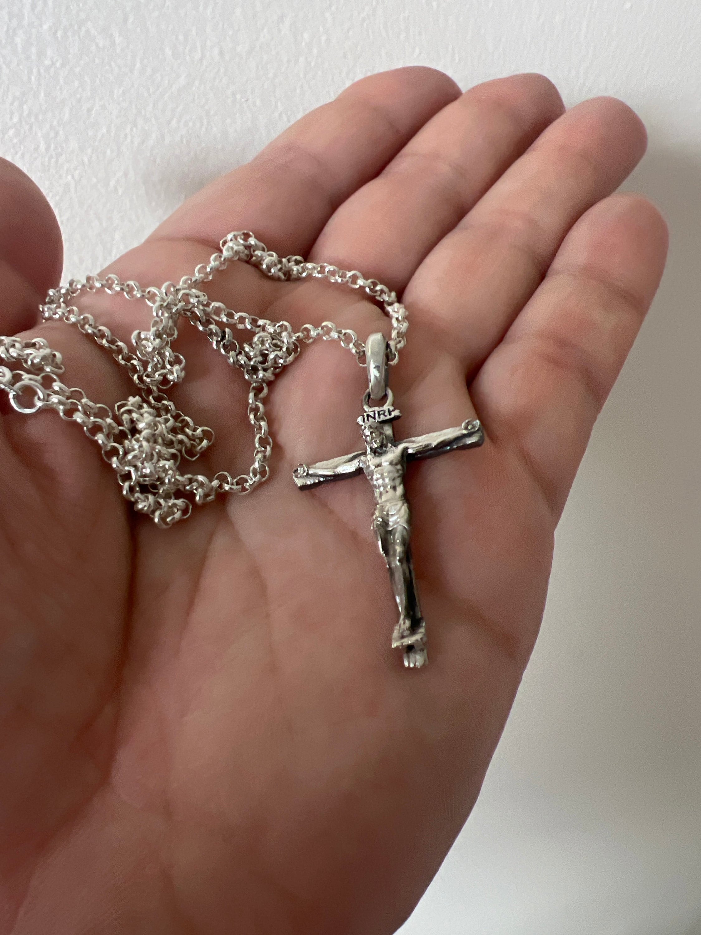 Handmade Silver Jesus Crucifix Necklace,3D Jesus Relief Cross Savior Pendant,Engraved Jesus Religious Charm,Silver Man Necklace,Gift For Men