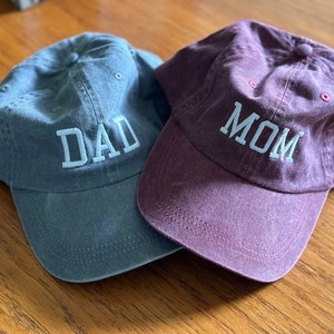 Mom & Dad EMBROIDERED Dad Hat Cap, Pigment Dyed Unstructured Baseball Cap,  Baby Announcement, Mom and Dad to Be, Choose Your Hat Color 