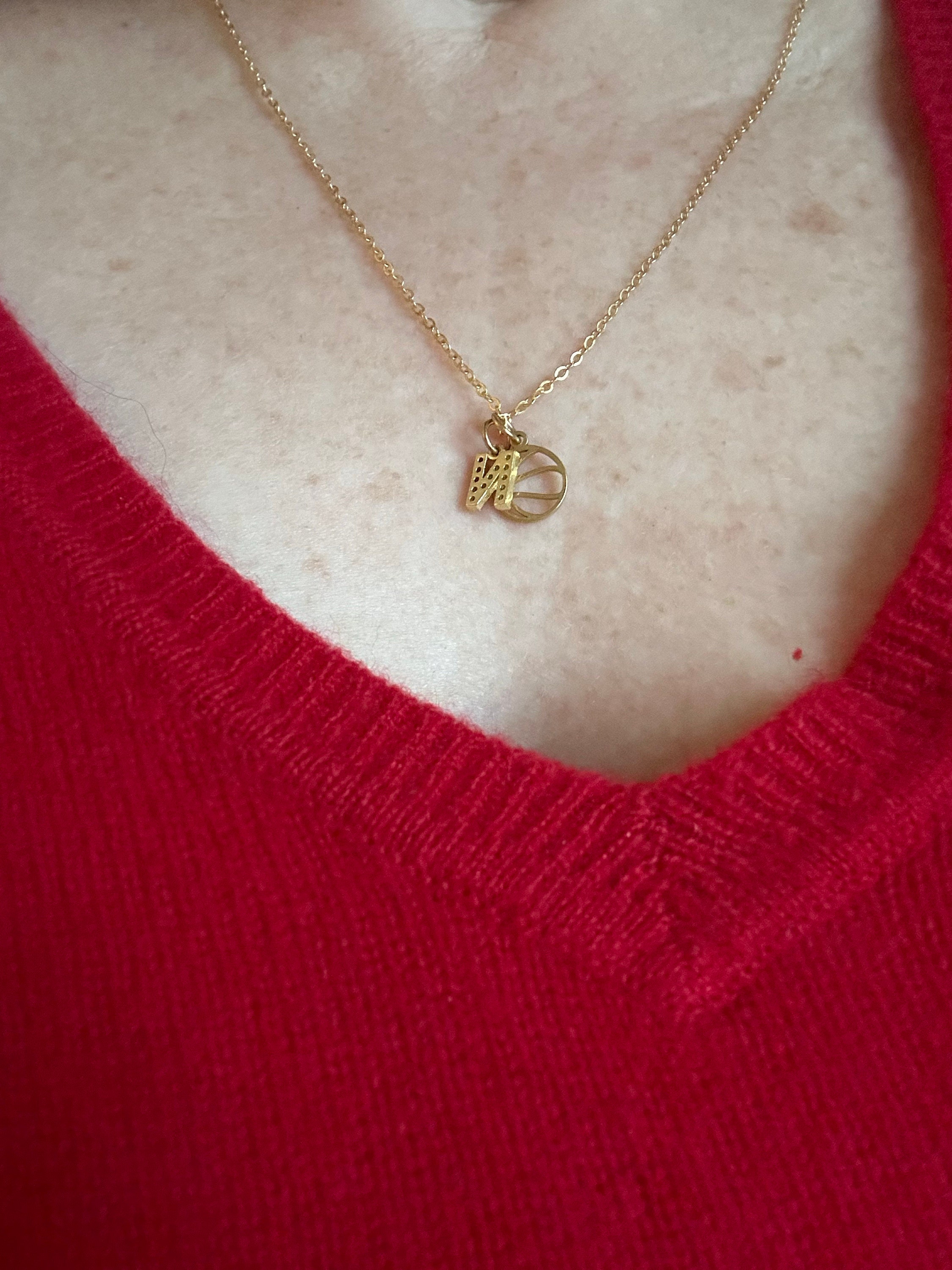 Personalized Basketball Necklace Sports Mom • CZ Initial Pave Crystal Gold • Coach Jewelry Team Gift • Gold Basketball Outline Player Gift
