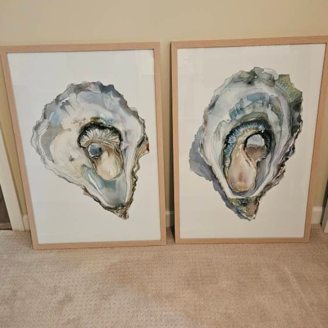 牡蠣の絵画 2枚セット アートプリント 海岸の水彩画 ウォールアート
