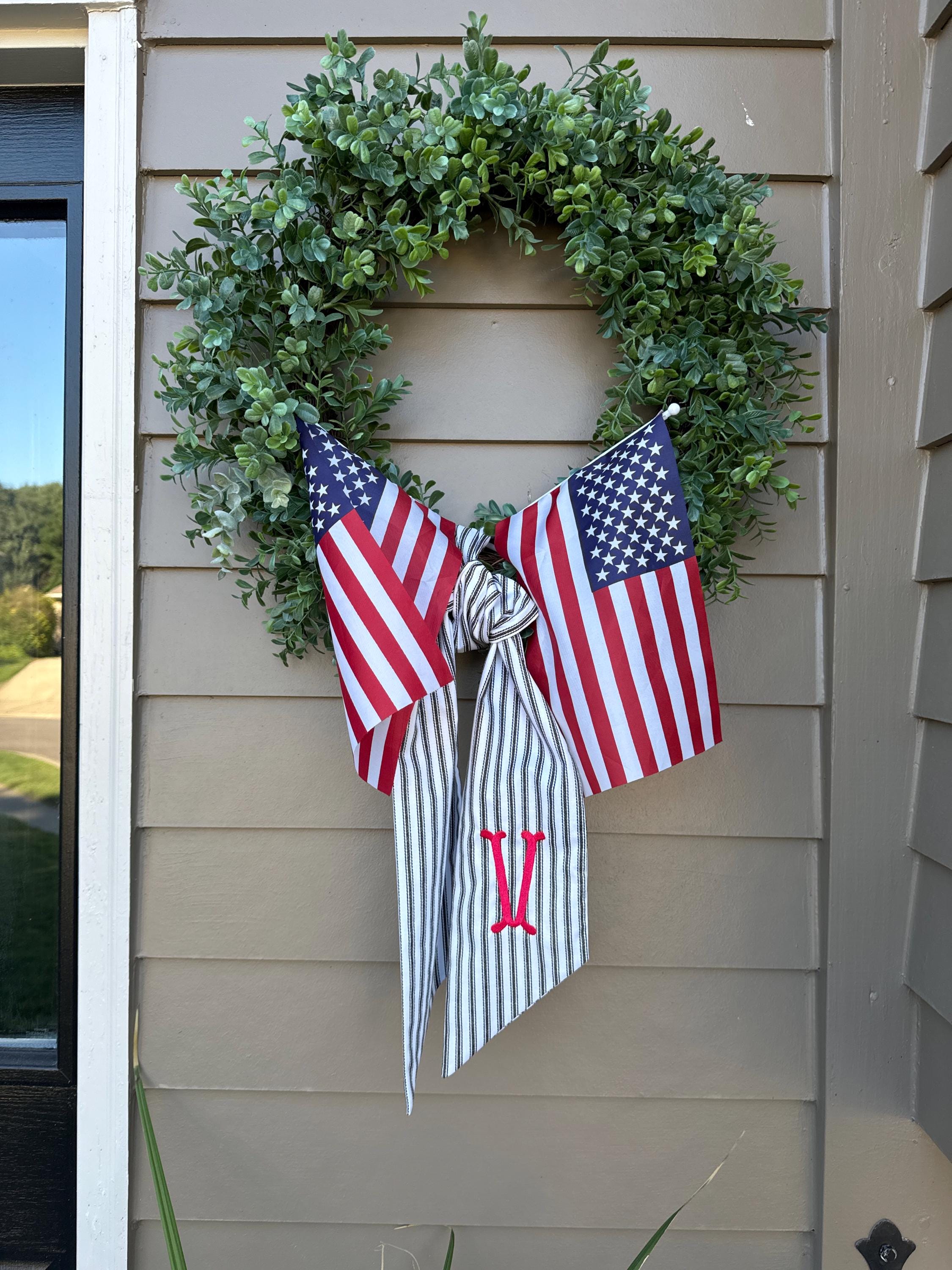 Personalized Black Ticking Stripe Wreath Sash for Front Door, Modern Farmhouse Decor, Striped Embroidered Scarf for Boxwood Wreath, Birthday Gift for Friend