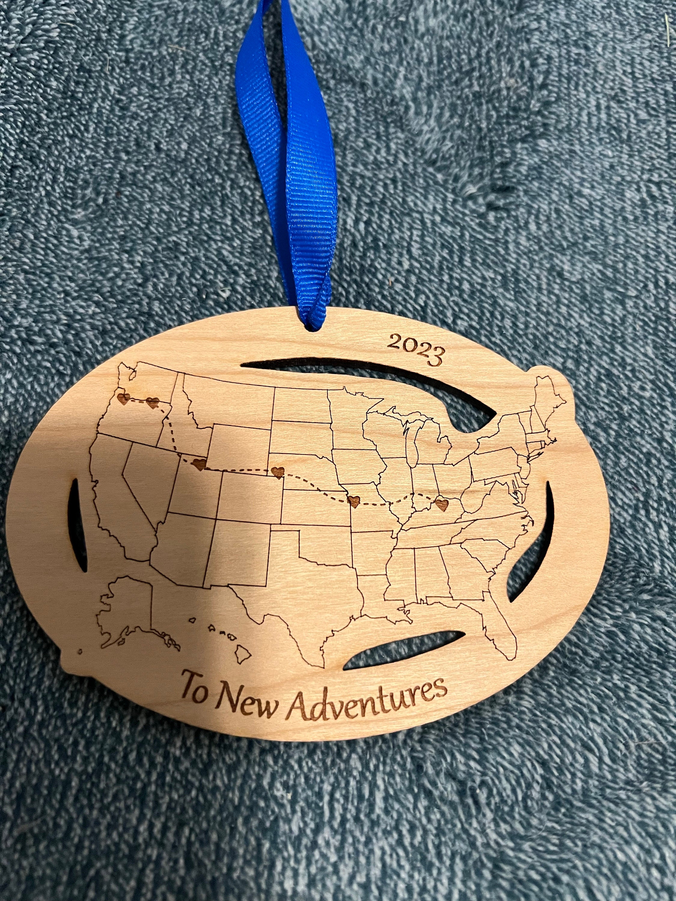 Custom Text and Cities US Map ornament, Road Trip Travel Ornament, long distance relationship, 50 state marathons