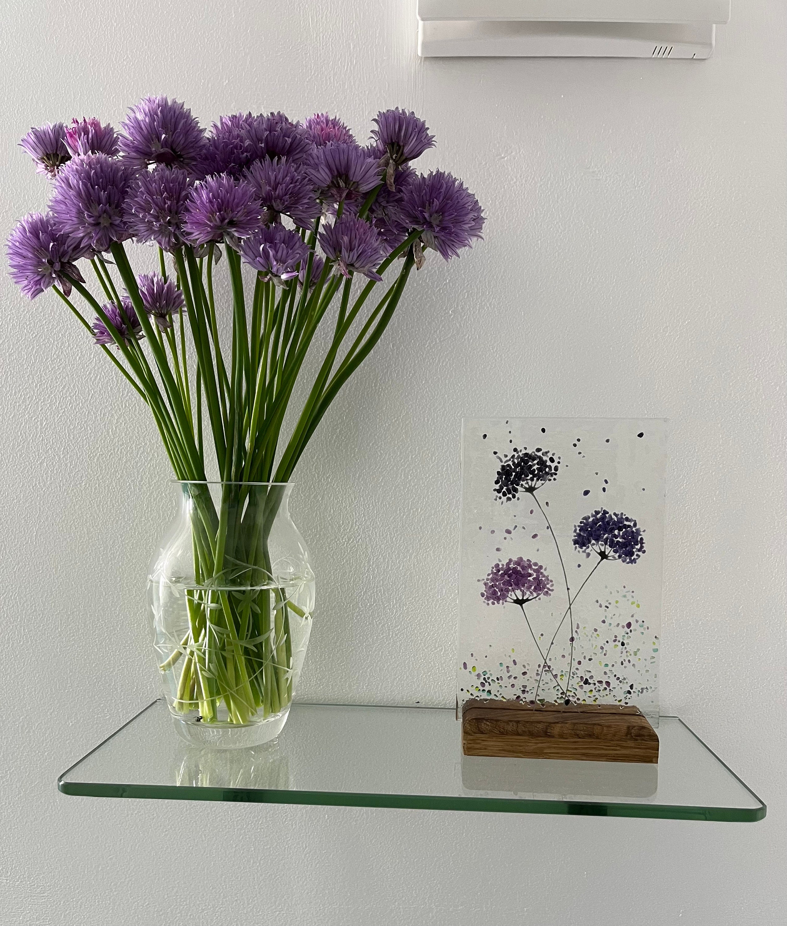 Purple mix whimsical Flower fused glass Art Picture or with Wooden Display Stand