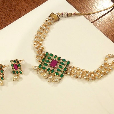 Gold Necklace Emerald Green Diamond Necklace Kundan Choker - Etsy