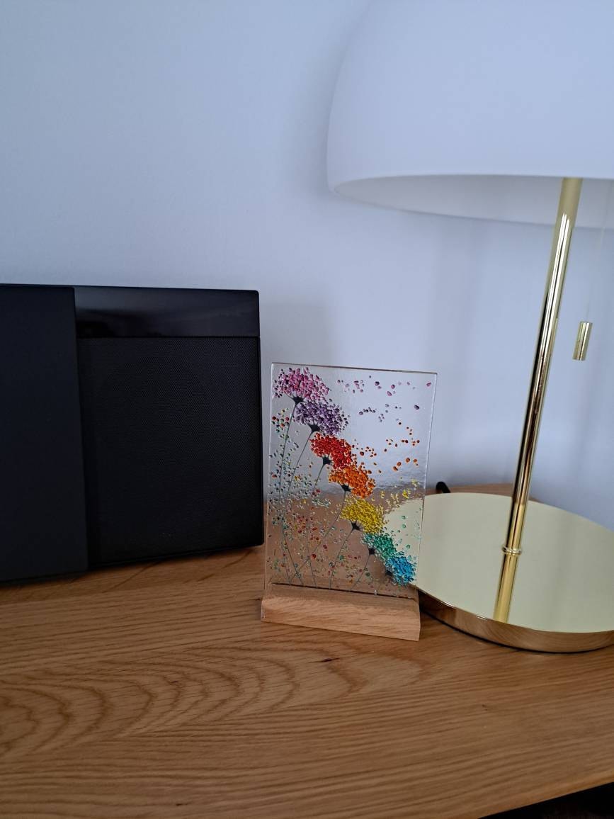 Whimsical Bright Rainbow Flowers fused glass Art Picture Sun Catcher & Wooden Display Stand