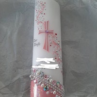 Personalisierte Taufkerze Mit Boot-Motiv In Rosa – Mit Name Und Datum, 25x7 Cm, In Deutschland Handgefertigt