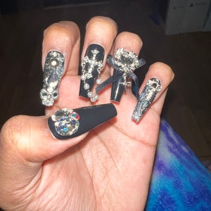 Black Goth Press on Nails With Charms - Etsy