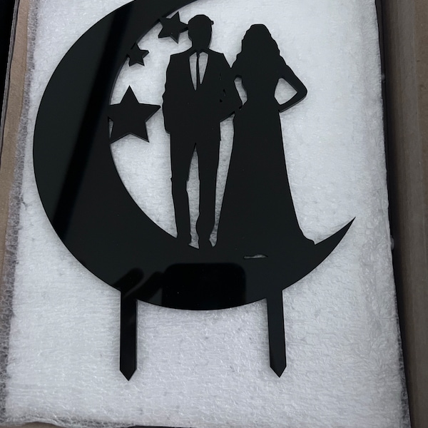 Moon and Star Night Wedding Cake Topper With Custom Dog, Bride and ...