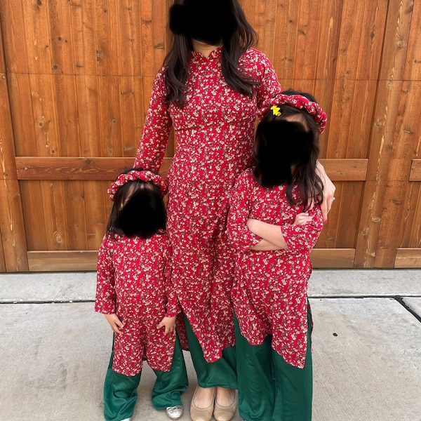 Cute Sass Red Flowers Chiffon AO Dai Set 34c L