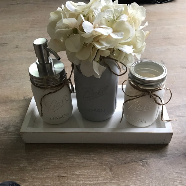 Mason Jar Bath Set With Tray, Grey Farmhouse Bathroom Decor, Gray Bathroom Decor,custom Bathroom ...