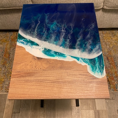 Round Resin Ocean Wave Natural Table, Beach Art Design Modern Small ...