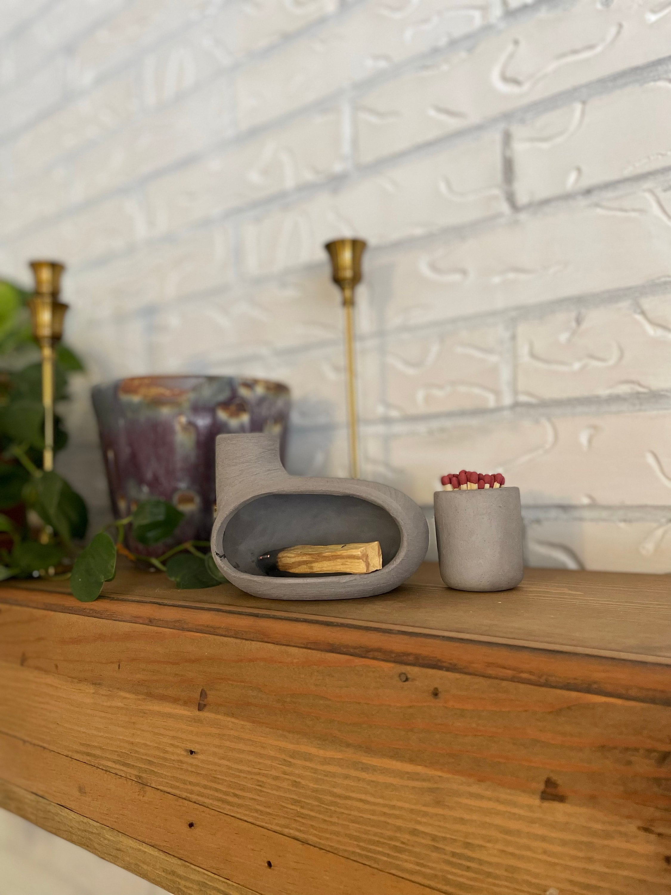 Palo Santo Holder & Matchstick Holder Set, Cone Incense Burner, Handmade Modern Ceramic Chiminea Incense Holder, Meditation Gift
