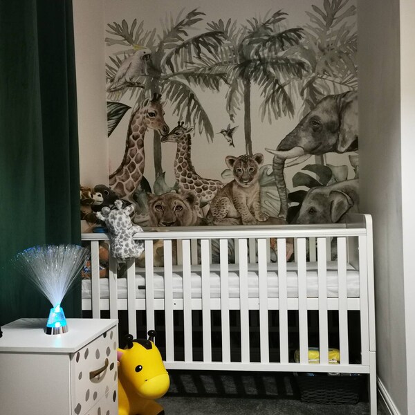 Jungle Safari Wallpaper Mural | Peel & Stick Nursery Wallpaper | Lion ...