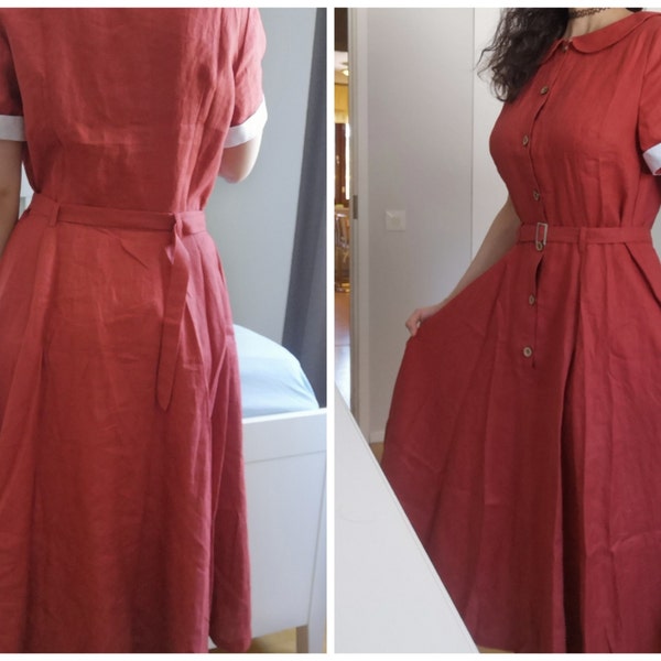 Linen Blend Fit And Flare Shirt Dress With Sash