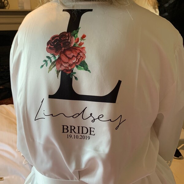 Personalised Bridal Robe, Wedding Dressing Gown, Initial Floral Bridal ...