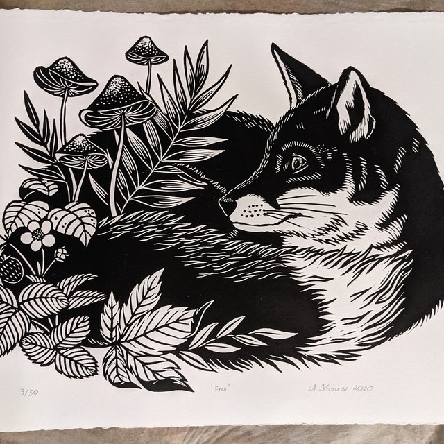 Take Time-Original Hand Carved and Printed Linocut Block Print of Sleeping  Fox 5 x 7 inches archival, signed. Unframed.