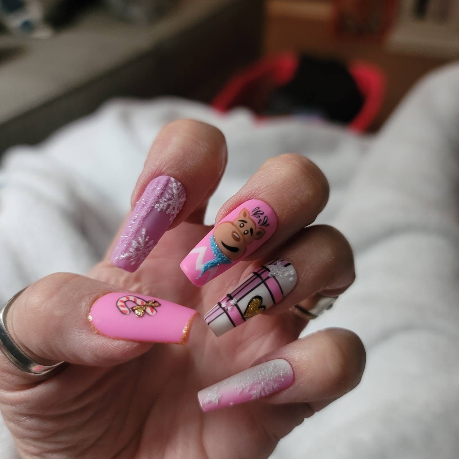 Christmas Reindeer Press On Nails | Pinky Fake Nails | Luxury Stiletto Nail Set | Matte Elegant Gift Nails K174