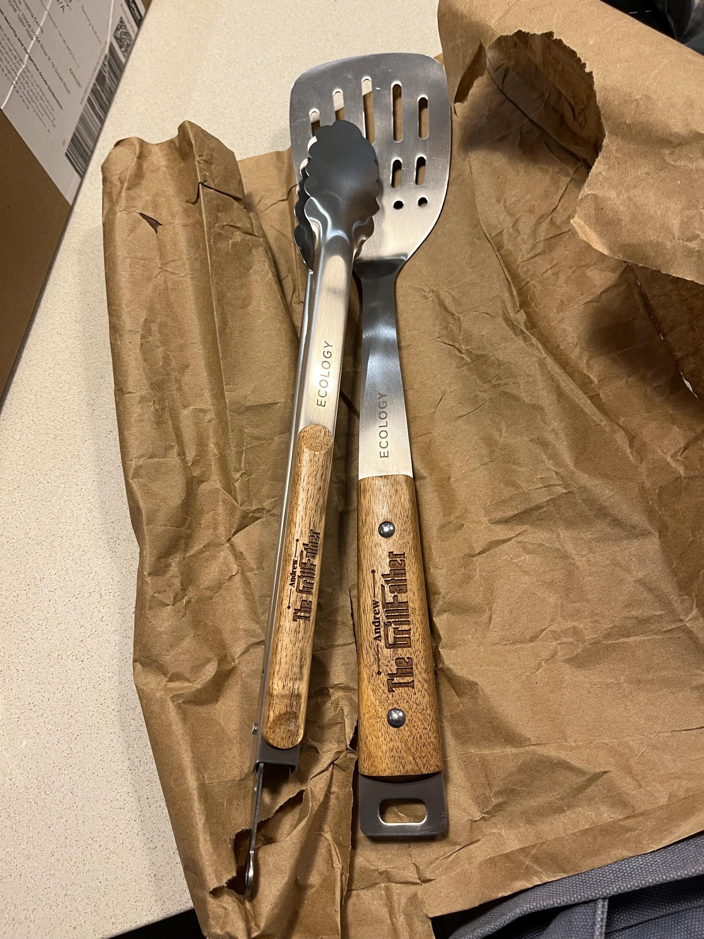 Personalised BBQ Tools Gift Set, Custom Laser Engraved Etching Barbecue Tongs & Spatula, Barbeque Grill Gift Him Dad Fathers Day GrillFather