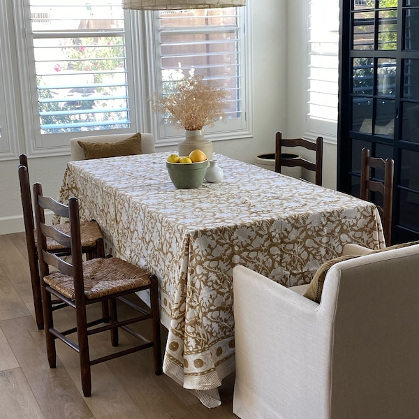 Brown Floral Table Cloth, Block Print Table Cover, Cotton Table Linen ...