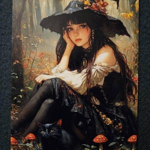 魔女のウォールアートプリント、キノコの森の黒猫の使い魔ゴシック
