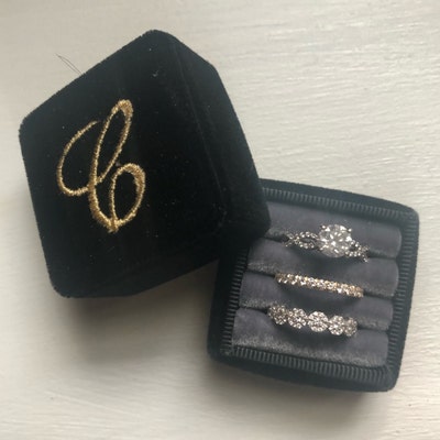 Three Ring Box, Triple Ring Box, Gray Ring Box, Velvet Ring Box, Triple ...