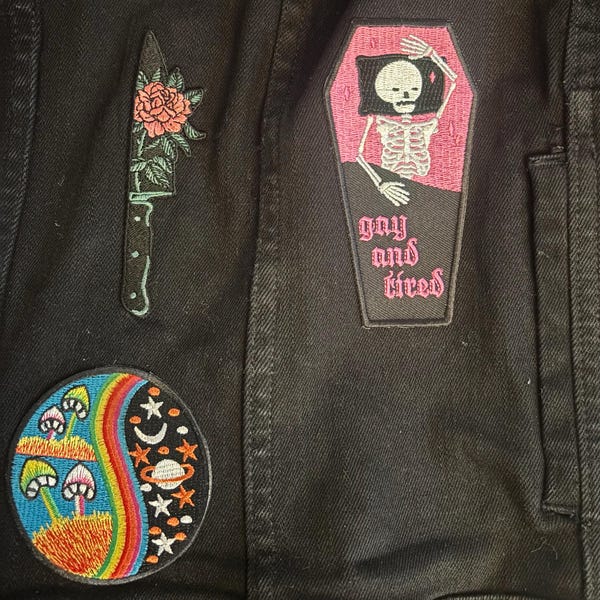 Gay and Tired Patch - 4.5" Iron on Embroidered Patch - Spooky Coffin ...
