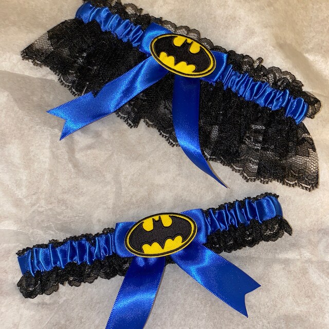 Handmade Batman wedding garters black lace and royal blue garter