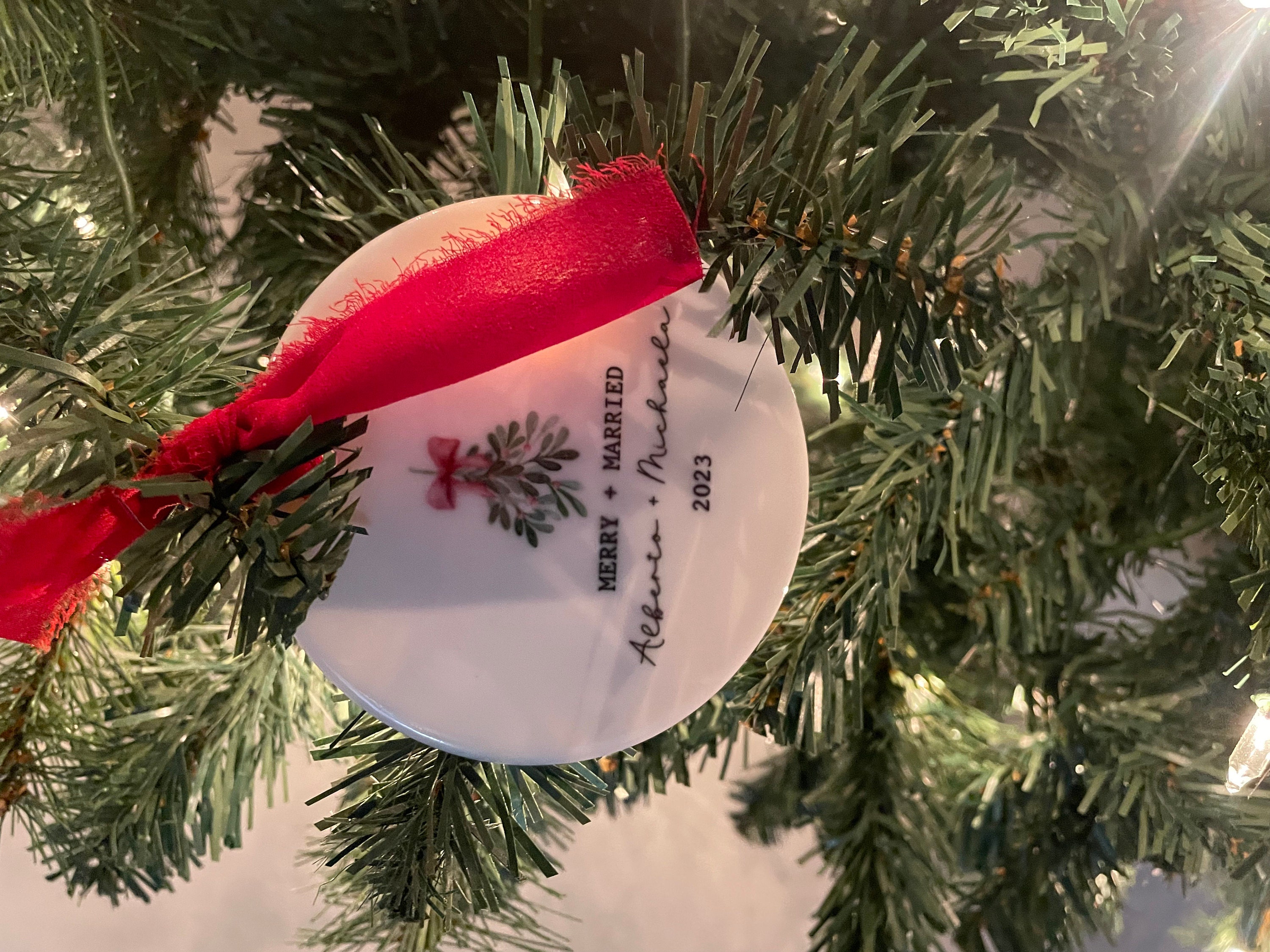Merry and married ornament mr and mrs first christmas married wedding day just married newlywed christmas gift idea year personalized names