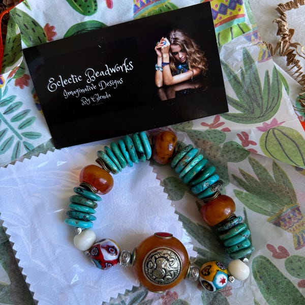 Bracelet Perles Papillon Sculpté Yakou Mountain Vert Turquoise - Rare - Neuf Sans Emballage