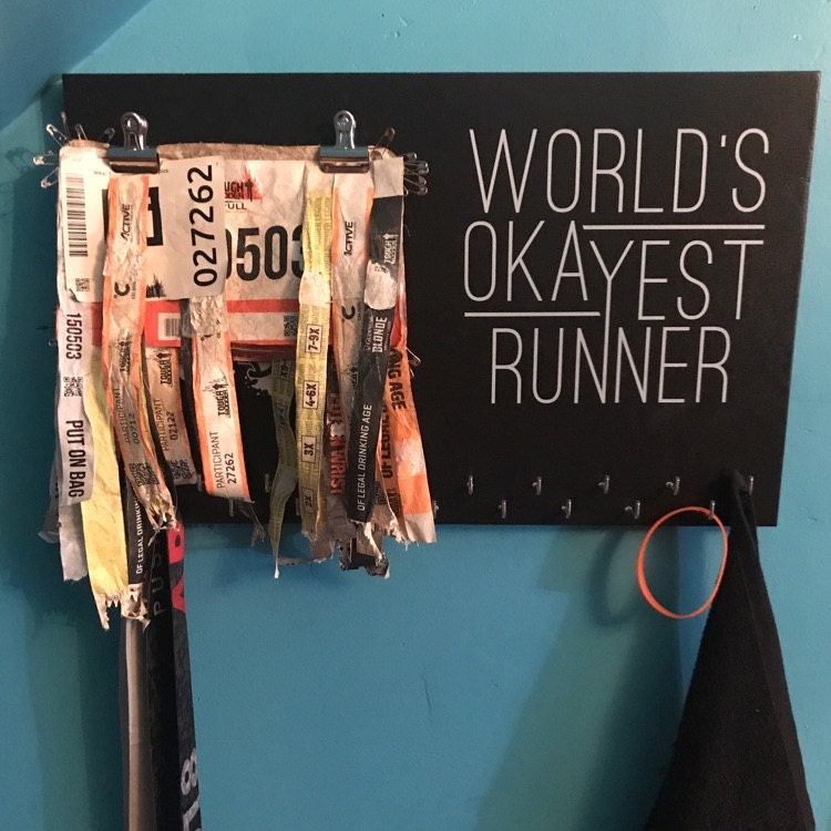 Running Medal Bib Holder Worlds Okayest Runner - Medal Holder, Medal Rack, Medal Display, Race Bib Display, Race Bib Holder