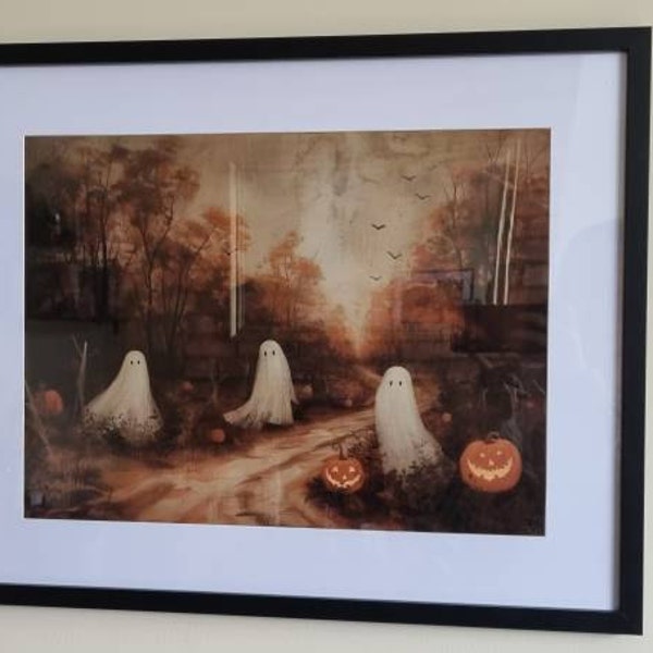 Moody Ghost Painting Autumn Landscape Vintage Style Wall Art Halloween ...