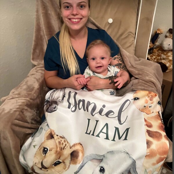Safari Animals Baby Blanket, Jungle Greenery Personalized Boy Girl Name ...