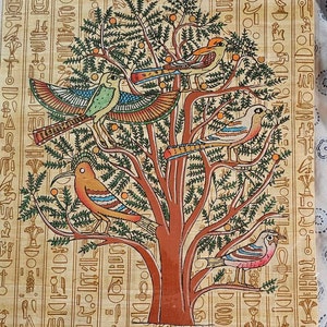生命の樹のエジプト象形文字絵画：パピルスに描かれた鳥のいるアカシア