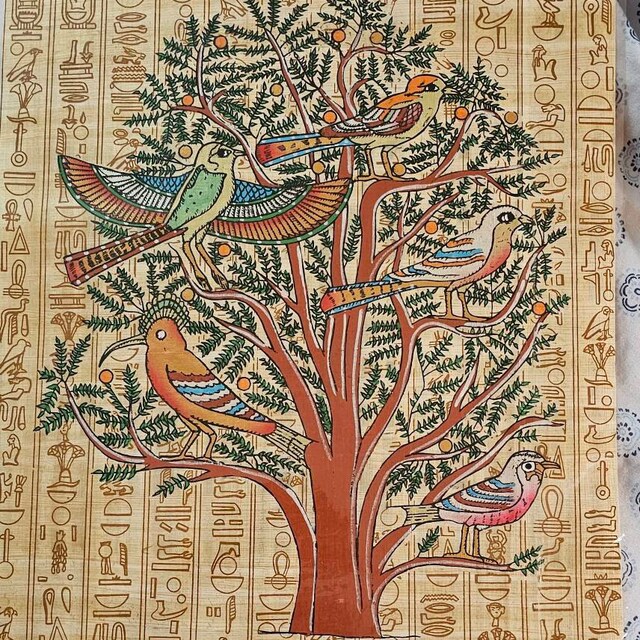 生命の樹のエジプト象形文字絵画：パピルスに描かれた鳥のいるアカシア