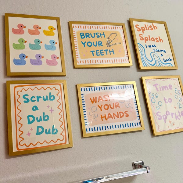 Bathroom Wall Art Set of 6 Printable Posters Fun Rubber Duck Wash Your ...