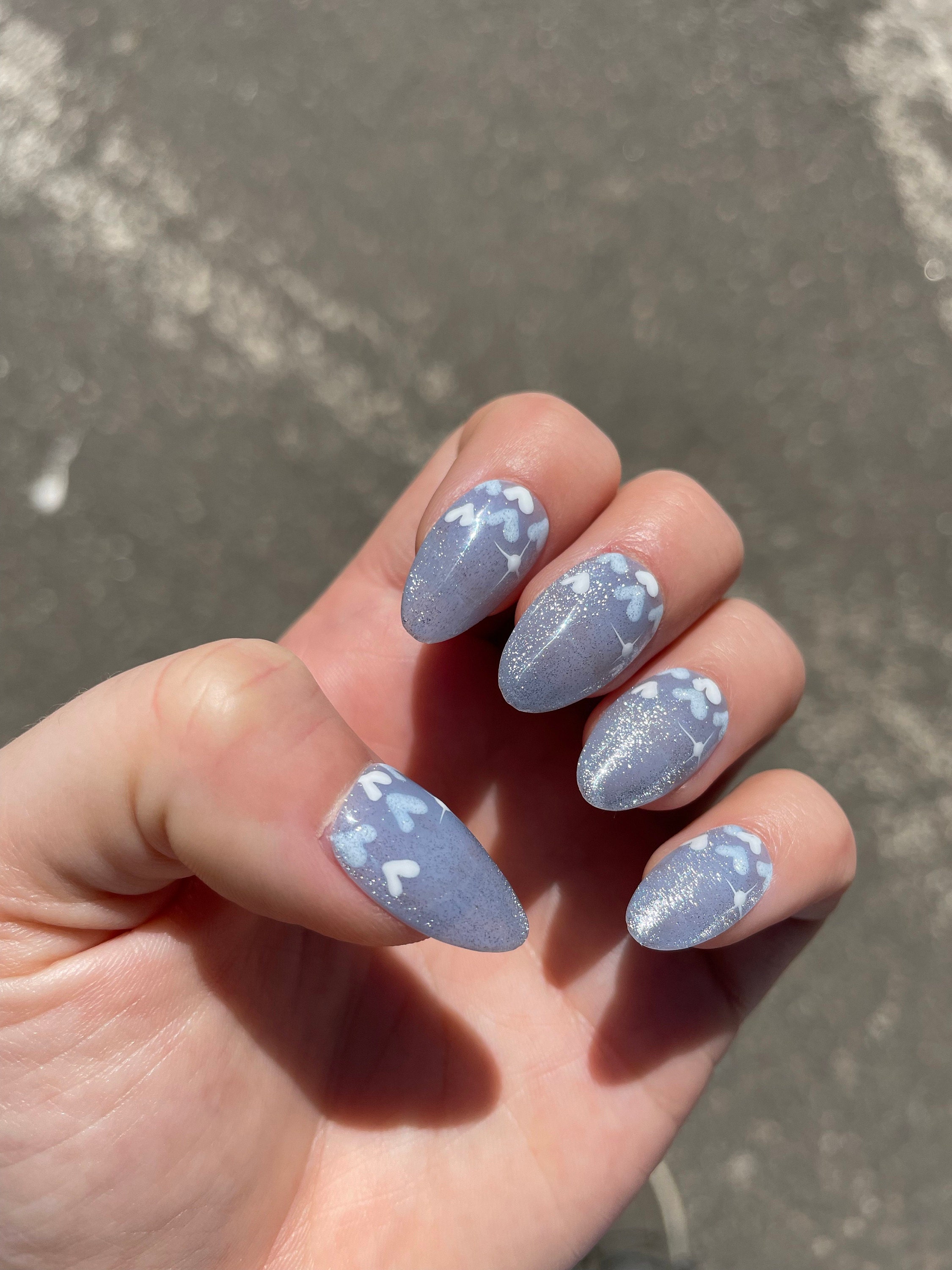 New Version | Short Baby Blue Reflective Cat Eye Little Heart Press On Nails | Gel Nails | Heart Nails | Cat Eye Nails | lmz142