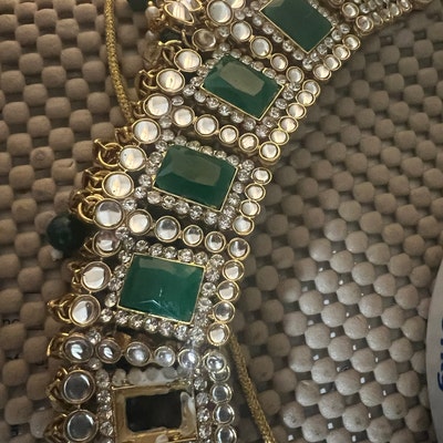 Elegant Green Kundan Pearl Choker Necklace Set with Earrings Traditional Indian Jewelry main image 0