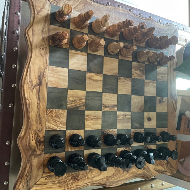 Olive Wood Rustic Chess Board Set with Resin Finish - Qartaj