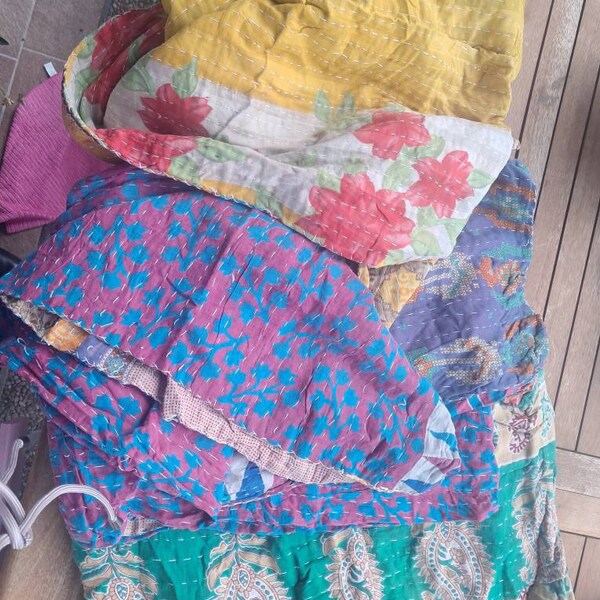 Lot Of 5 Vintage Indian Kantha Quilt Bedspreads – Handmade Cotton, Multicolor Floral, Twin Size