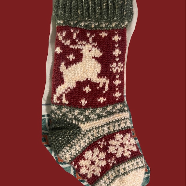 A customer's finished Prancing Deer Stocking Crochet Pattern