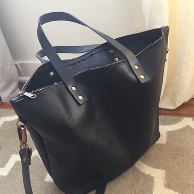 Large Black Leather Bag With Zip and Removable Cross Body Strap ...