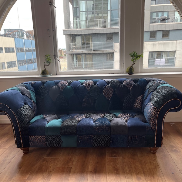 Unique British Handmade 3 Seater Navy Blue Velvet Fabric Patchwork ...