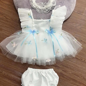Little Girl Handmade Pearl Beige Baby Dress with Long Sleeves