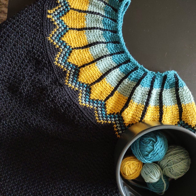 A customer's finished Traveler Fair Isle Sweater Crochet Pattern + Video
